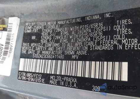 2006 Toyota Sienna Le z USA, uszkodzony, nr VIN 5TDZA23C66S411480